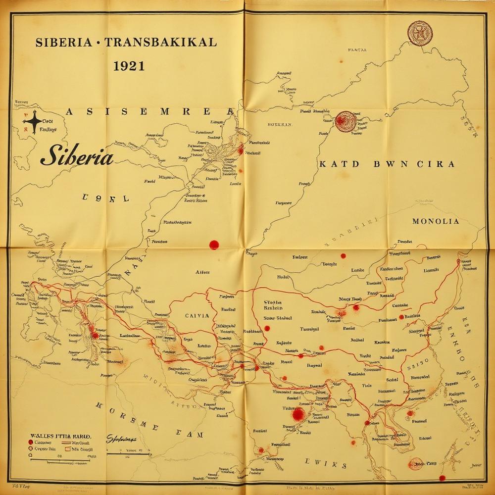 Aged archival map of Siberia, Transbaikal, and Mongolia circa 1921 with red ink annotations
