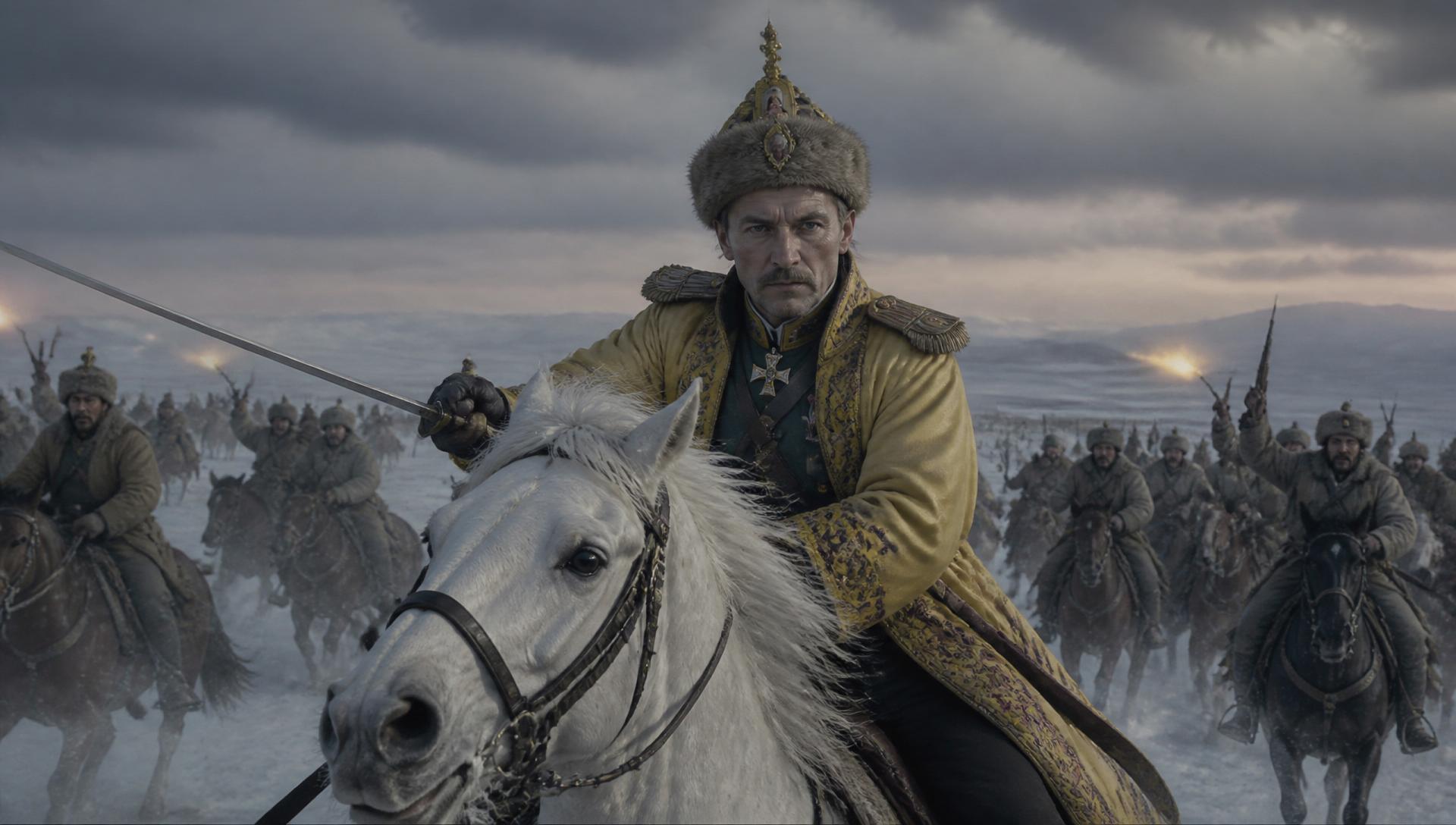 Baron Roman von Ungern-Sternberg leading a cavalry charge across the frozen Transbaikal steppe